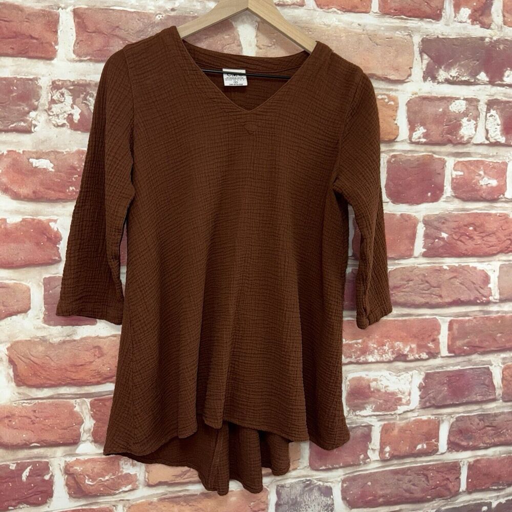 Color Me Cotton CMC Top Shirt Women's Small Brown Button Accent Back Popover - Picture 2 of 9